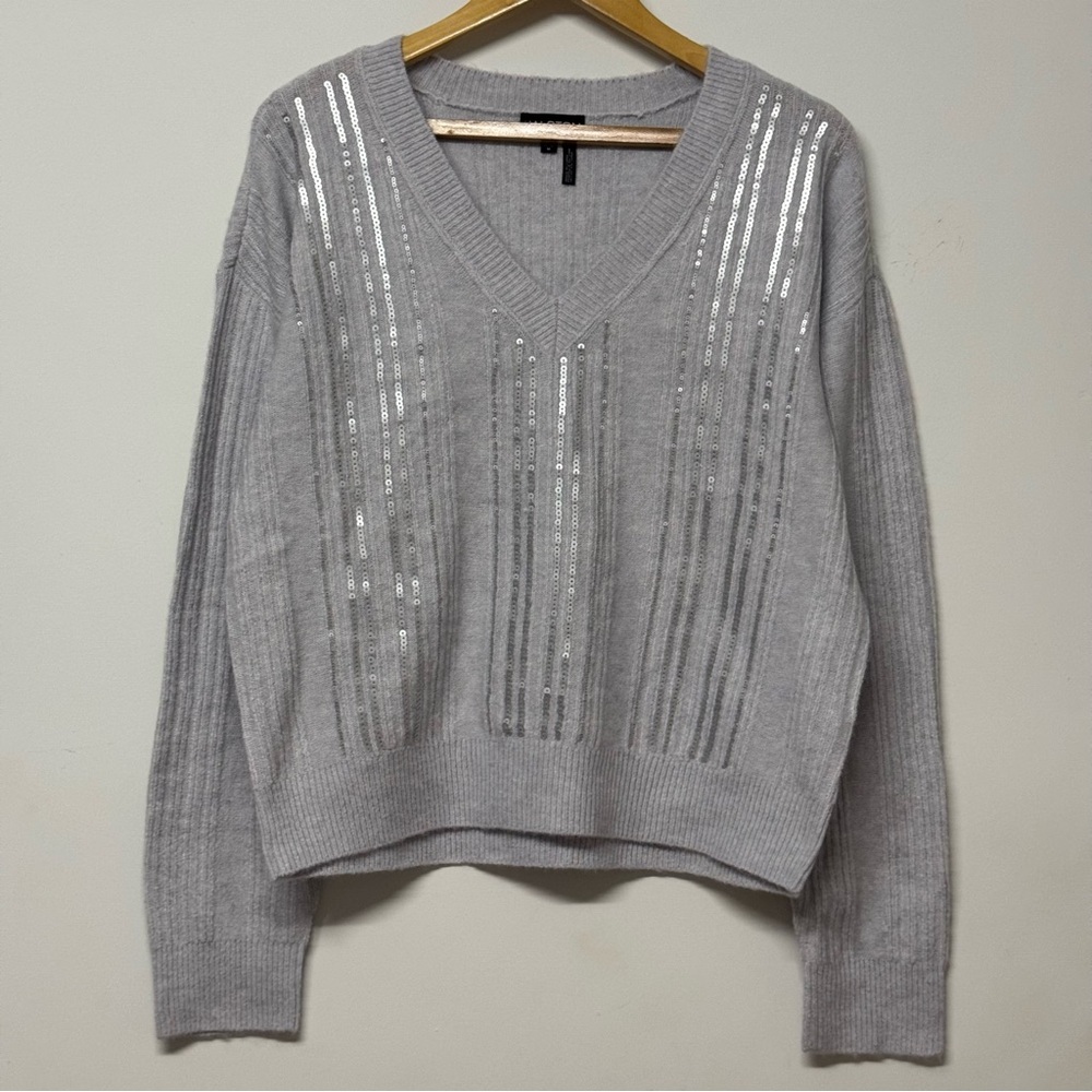 Halston Heritage Gray V-Neck Sweater with Silver Accents
